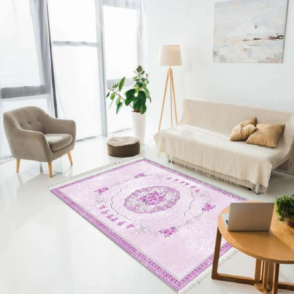 Baskılı Kilim Classic Damask Çerçeveli Çiçekli Desen Fuşya