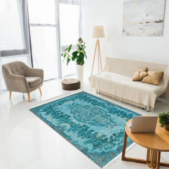 Baskılı Kilim Classic Çiçekli Desen Turkuaz Renk
