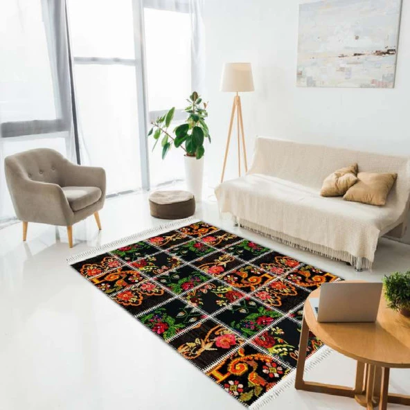 Baskılı Kilim Modern Patchwork Damask Çiçek Dikiş Desenli