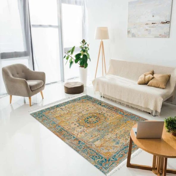 Baskılı Kilim Classic Damask Eskitme Desen Hardal Renk