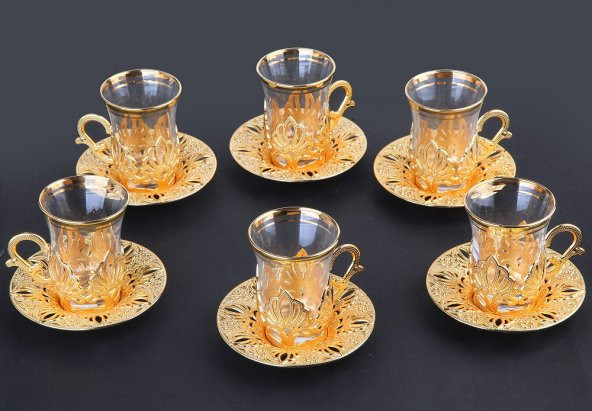 Ahu Çay Seti İşlemeli 6 Kişilik 18 Parça Altın Renkli