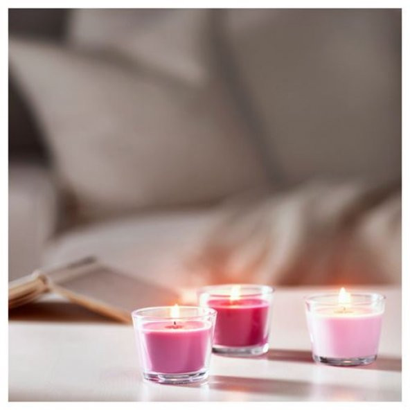 IKEA BRACKA 3 LÜ SET CAM KAPTA MUM PEMBE NANELİ ŞEKER KOKULU