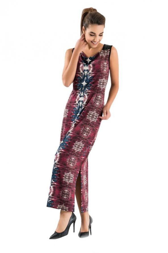 Derya Kurşun 956 Bayan Desenli Kolsuz Yırtmaçlı Uzun Elbise