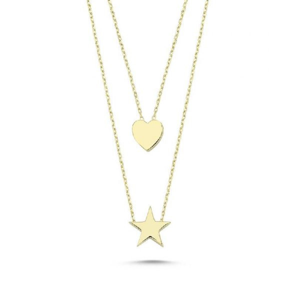 14 Ayar Altın Kalpli Yıldızlı ikili Kolye - Resim 2