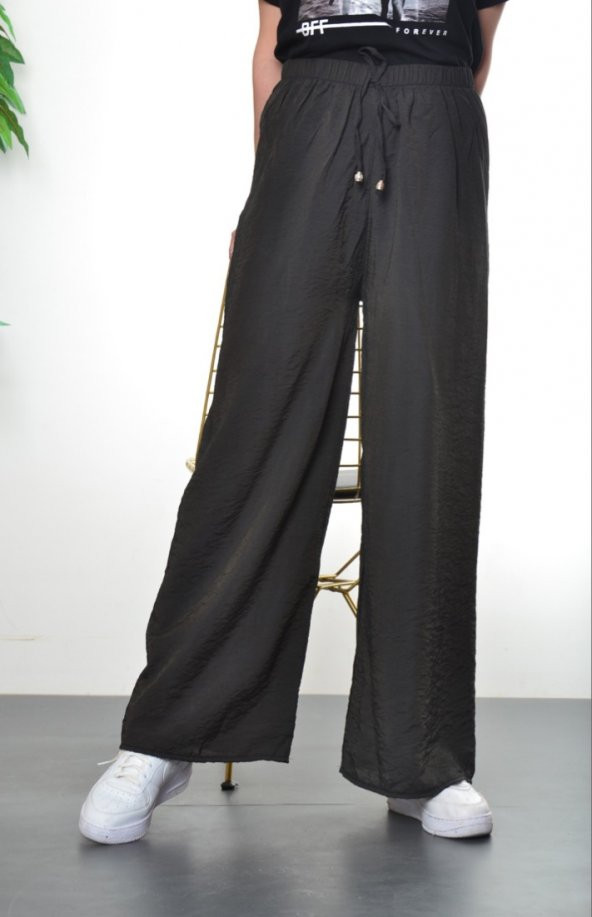 modayns Kadın Siyah Beli Lastikli Dokuma Salaş Pantolon
