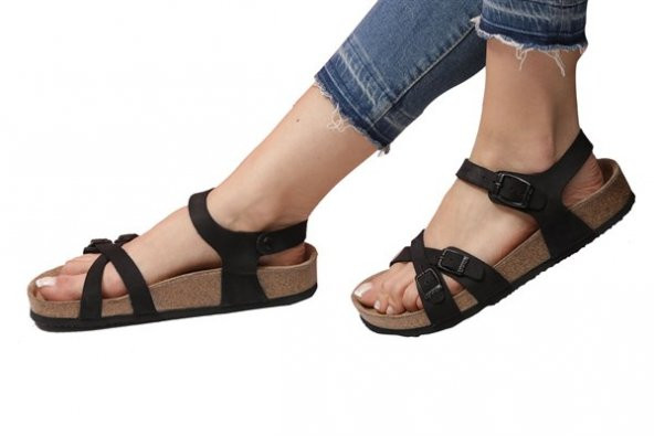 PANDORA Siyah Anatomik Doğal Mantar Taban Hakiki Deri Kadın Çift Bantlı Sandalet