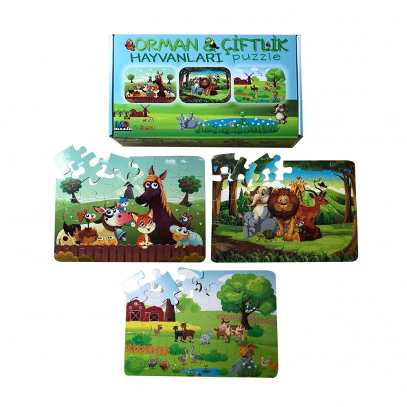 Çocuklar İçin Eğitici Orman Çiftlik Hayvanları Puzzle Seti 3'lü - 90 Parça