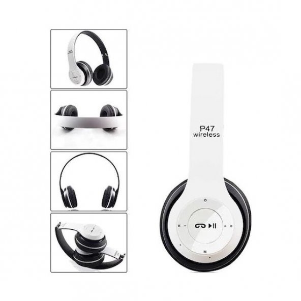 P47 Bluetooth Kulaklık Kablosuz Hafıza Kartı Kart Girişli Wireless Aux Giriş Kafaüstü Kulaklığı beyaz