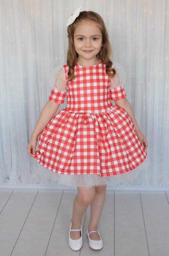 Kız Çocuk Kareli Tül Detaylı Kırmızı Beyaz Elbise