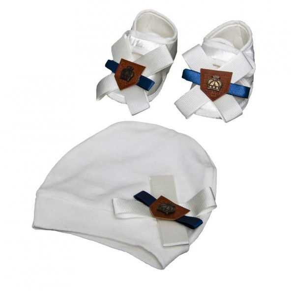 Beyaz Mavi Erkek Bebek Şapka Patik Seti