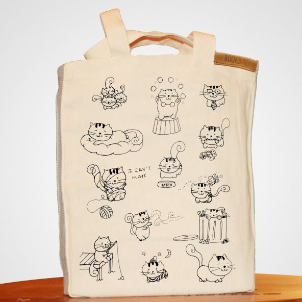 Bookbag Kediler Doğal Keten çanta