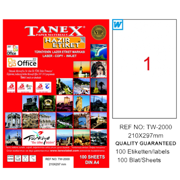 Tanex Lazer Etiket 100 YP 210x297 Laser-Copy-Inkjet TW-2000
