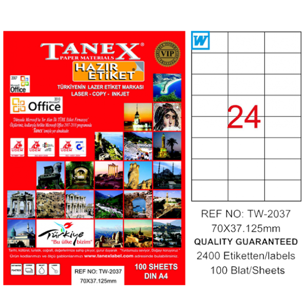 Tanex Lazer Etiket 100 YP 70x37.125 Laser-Copy-Inkjet TW-2037