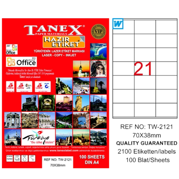 Tanex Lazer Etiket 100 YP 70x38 Laser-Copy-Inkjet TW-2121 ürün görseli 1