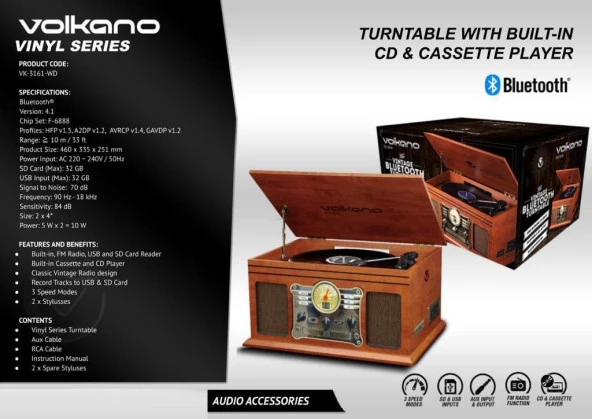 Volkano Retro Pikap Bluetooth USB Kayıt Özellikli Radyo CD Kaset PlakÇalar VK-3161-WD - 3