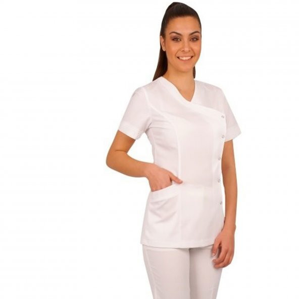 Doktor Hemşire Gold Alpaka Beyaz Kadın Üst Nervürlü Model Açık Uniforma