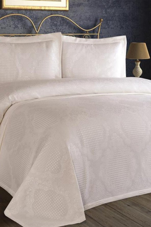 Safir Jakarlı Şönil Yatak Örtüsü Krem - Resim 2