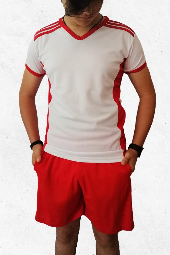 Modapalace  Omzu Kırmızı Şerit Detaylı V Yaka Spor Tişört
