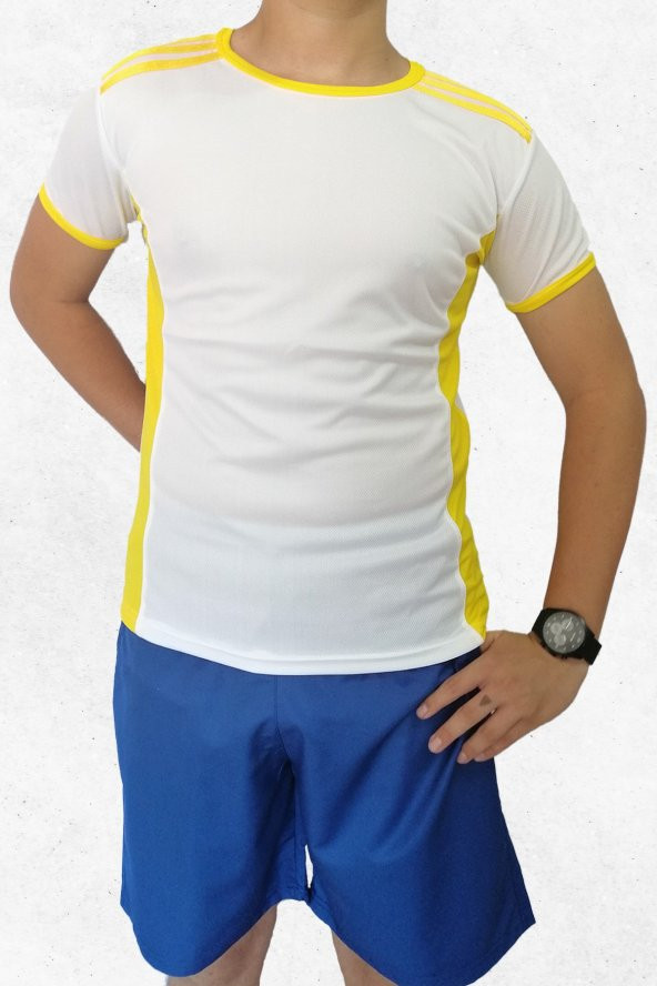 Modapalace Omzu Sarı  Şerit Detaylı Büyük Beden Beyaz Spor Tişört