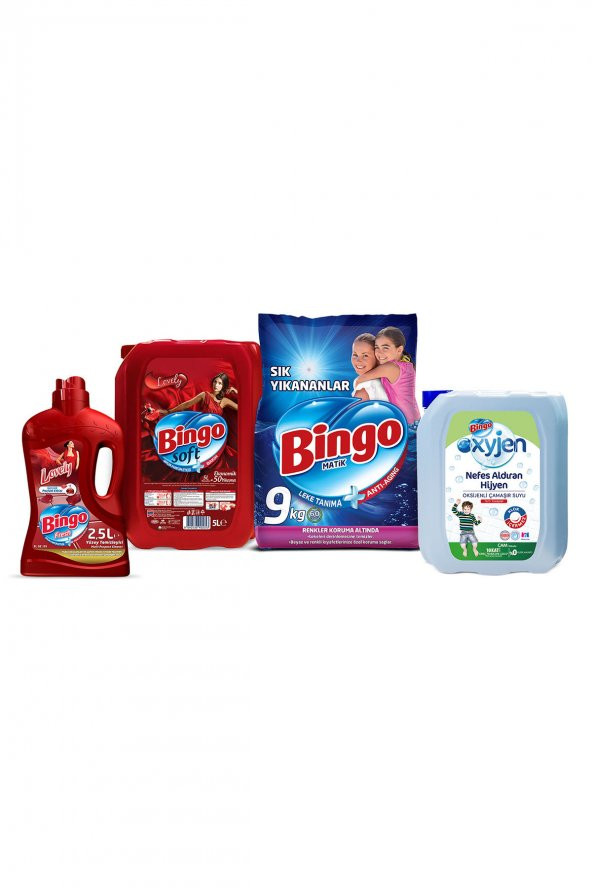 "Dev Ekonomi Paketi ; Bingo Matik 9 kg Sık Yıkananlar + Bingo Soft 5 ltLovely + Bingo Fresh 2,5 lt Lovely +  Bingo Oksijen Çam"