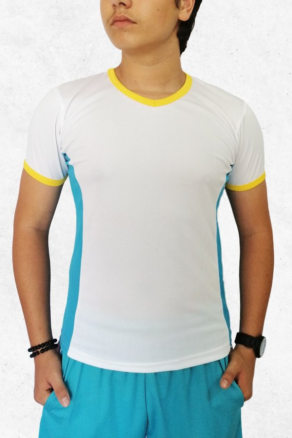 Modapalace Turkuaz Sarı Modelli V Yaka Spor Tişört