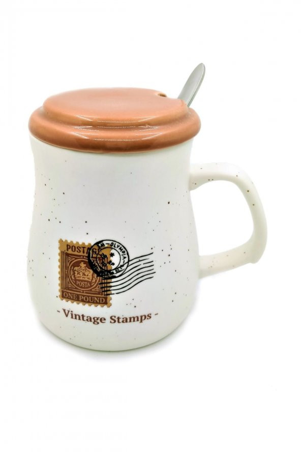 Vintage Seramik Kapaklı Kaşıklı Kupa Kahve