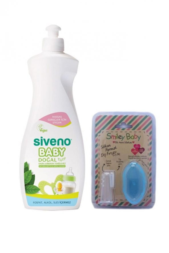 Siveno Baby Emzik & Biberon Temizleyici 500 ml+Smiley Mavi Parmak Diş Fırçası