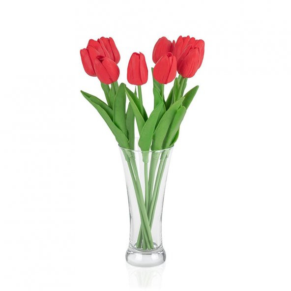 Fransız Style Şeffaf Vazoda 10lu Kırmızı Islak Lale Yapay Çiçek