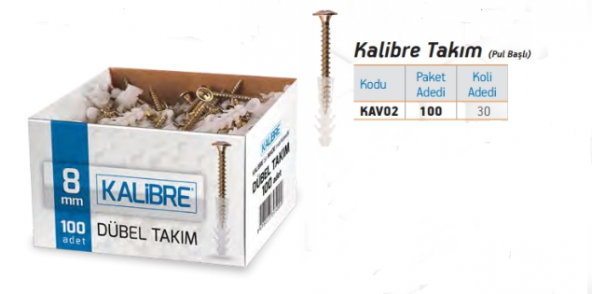 Made Kalibre Dübel 8 mm Vida Dübel Takımı 100 Adet