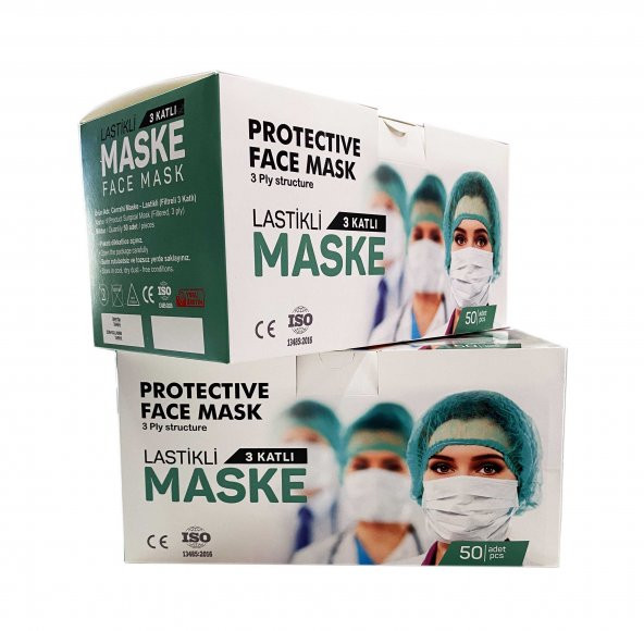 50 ADET Lastikli Maske PROTECTIVE 3 Katlı Burun Telli Cerrahi Maske