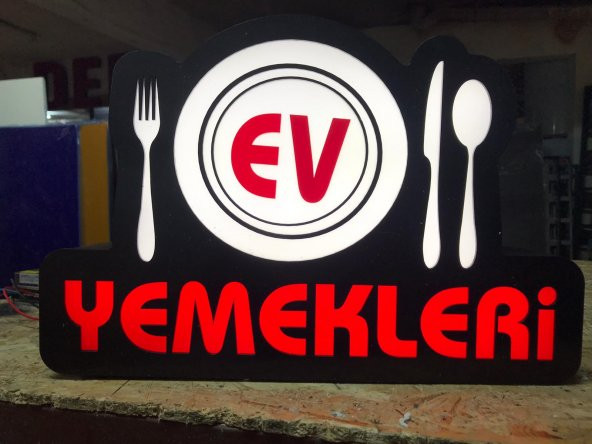 Ev Yemekleri Yazılı Tabelası 3D LED Tabela Neon Etkili Işıklı Kutu Harf Tabela 30x45cm Pleksiglass ürün görseli