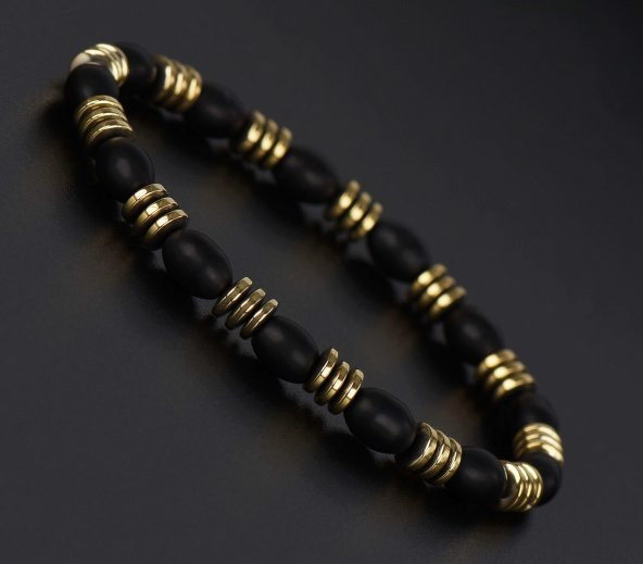 Arpa Kesim Oniks ve Sarı Hematit Doğal Taş Bileklik - TAŞ0200