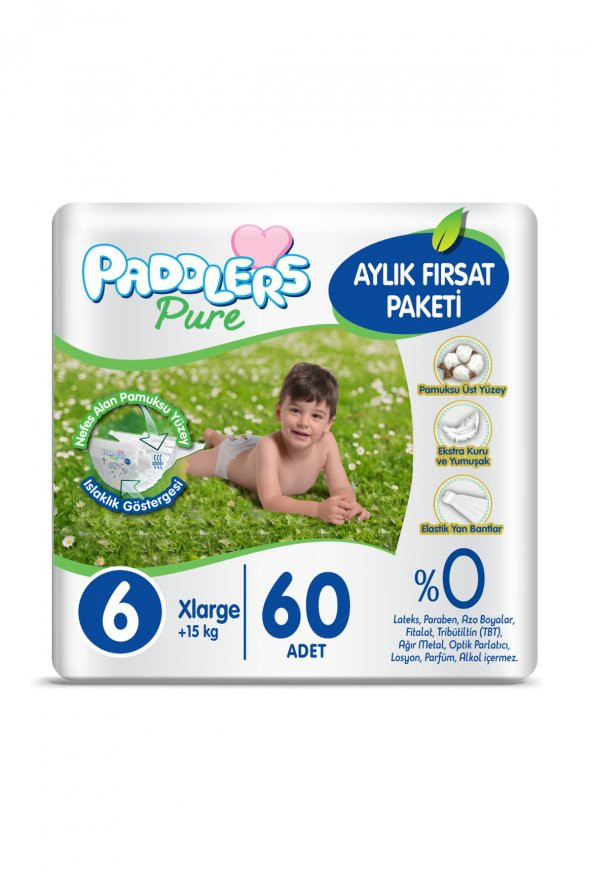 Paddlers Pure Bebek Bezi 6 Numara X-Large 60 Adet (15+ Kg) Aylık Fırsat Paketi