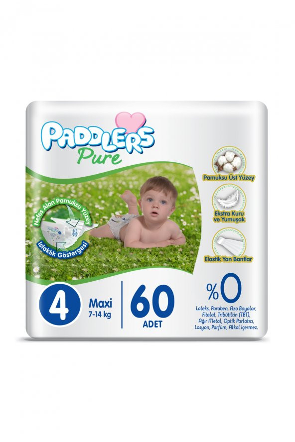 Paddlers Pure Bebek Bezi 4 Numara Maxi 60 Adet (7-14 Kg) Jumbo Paket