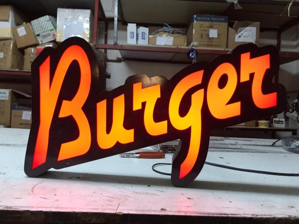 Turuncu Burger Yazılı Tabela 3D LED Tabela Neon Etkili Işıklı Kutu Harf Tabela 30x45cm Pleksiglass ürün görseli