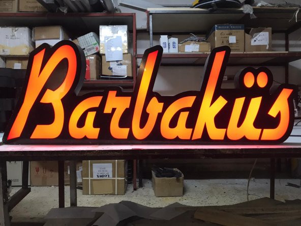 Turuncu Barbekü Yazılı Tabela 3D LED Tabela Neon Etkili Işıklı Kutu Harf Tabela 30x45cm Pleksiglass ürün görseli
