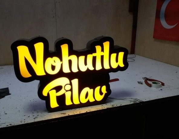 Sarı Yazılı Nohut Pilav Tabela 3D LED Tabela Neon Etkili Işıklı Kutu Harf Tabela 30x45cm Pleksiglass