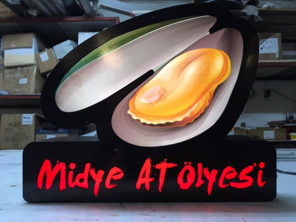Midye Atölyesi Yazılı Tabelası 3D LED Tabela Neon Etkili Işıklı Kutu Harf Tabela 30x45cm Pleksiglass ürün görseli
