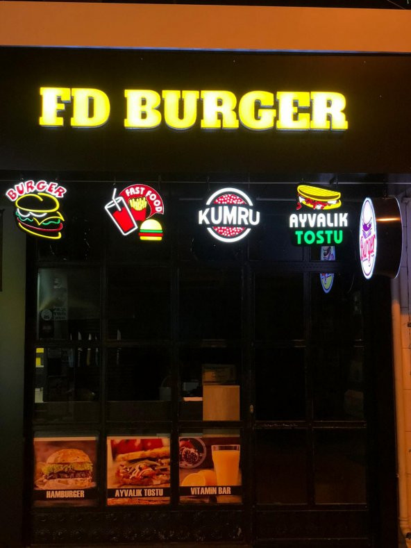 ED Burger Tost Kumru Tabela 3D LED Tabela Neon Etkili Işıklı Kutu Harf Tabela 30x45cm Pleksiglass