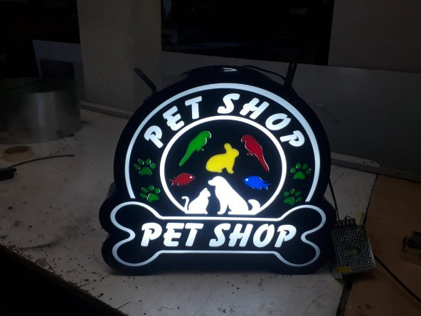 Pet Shop Yazılı Renkli Tabela 3D LED Tabela Neon Etkili Işıklı Kutu Harf Tabela 30x45cm Pleksiglass