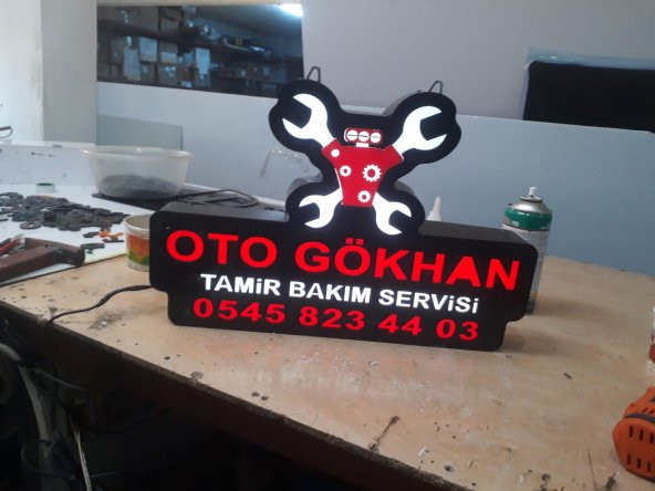 Oto Tamir Bakım Yazılı Tabela 3D LED Tabela Neon Etkili Işıklı Kutu Harf Tabela 30x45cm Pleksiglass