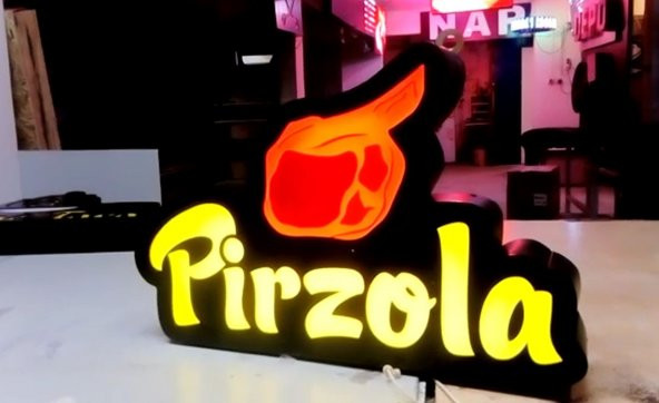 Pirzola Resimli Yazı Tabelası 3D LED Tabela Neon Etkili Işıklı Kutu Harf Tabela 30x45cm Pleksiglass