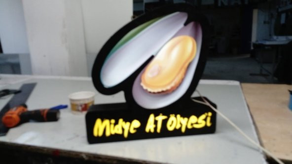 Midye Atölyesi Midyeci Tabela 3D LED Tabela Neon Etkili Işıklı Kutu Harf Tabela 30x45cm Pleksiglass ürün görseli