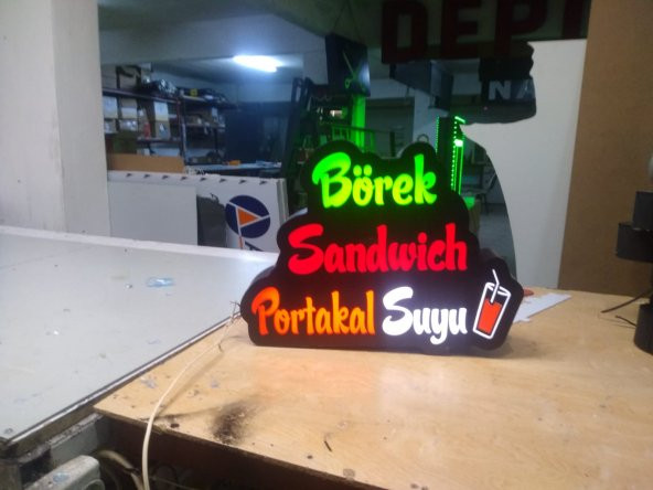 Portakal Suyu Börek Tabelası 3D LED Tabela Neon Etkili Işıklı Kutu Harf Tabela 30x45cm Pleksiglass