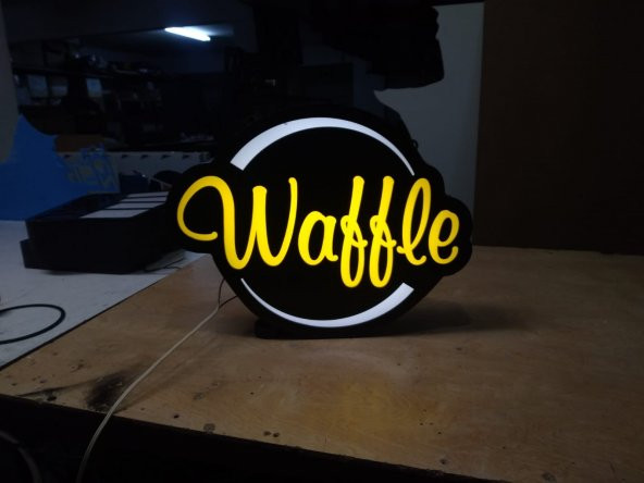 Waffle Yazılı Sarı Tabelası 3D LED Tabela Neon Etkili Işıklı Kutu Harf Tabela 30x45cm Pleksiglass