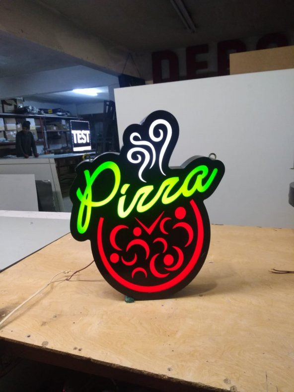 Pizza Yazılı Görsel Tabelası 3D LED Tabela Neon Etkili Işıklı Kutu Harf Tabela 30x45cm Pleksiglass