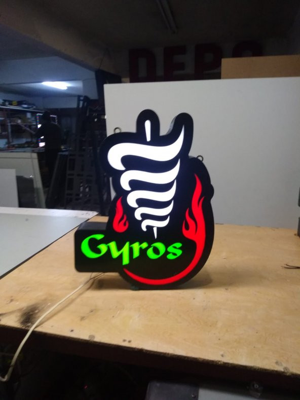 Gyros Görsel Yazılı Tabelası 3D LED Tabela Neon Etkili Işıklı Kutu Harf Tabela 30x45cm Pleksiglass
