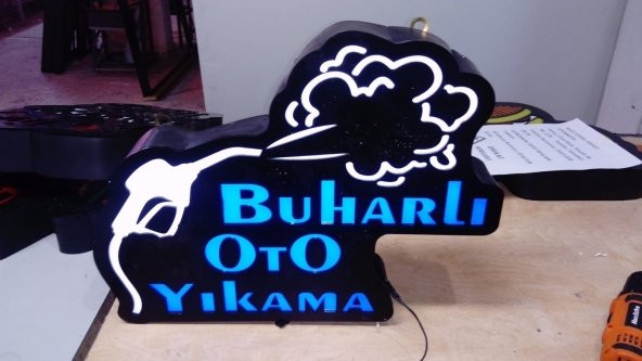 Buharlı Oto Yıkama Tabelası 3D LED Tabela Neon Etkili Işıklı Kutu Harf Tabela 30x45cm Pleksiglass