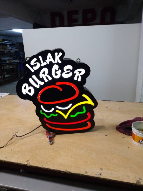 Islak Burger Yazılı Tabelası 3D LED Tabela Neon Etkili Işıklı Kutu Harf Tabela 30x45cm Pleksiglass ürün görseli