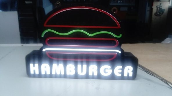 Hamburger Yazılı Tabelası 3D LED Tabela Neon Etkili Işıklı Kutu Harf Tabela 30x45cm Pleksiglass ürün görseli